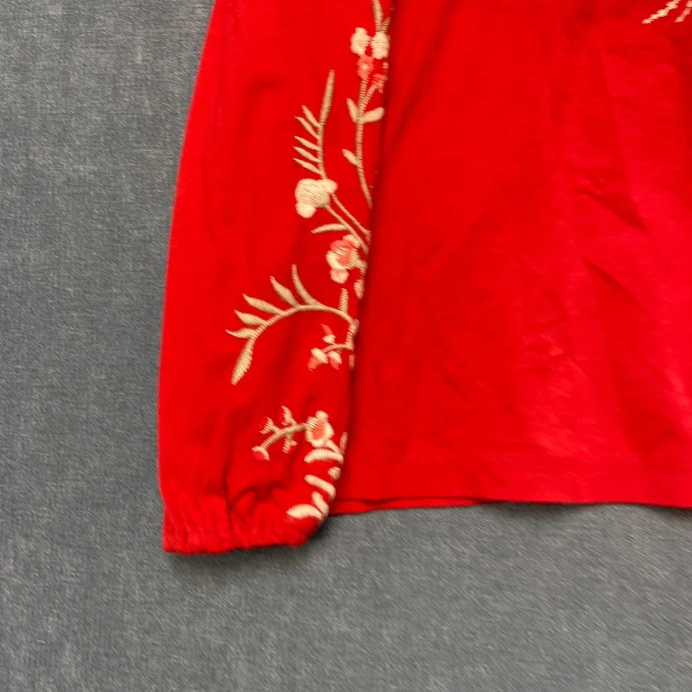 Johnny Was Ellia Top Womens Small Red Puff Sleeve Embroidered Floral Round Neck